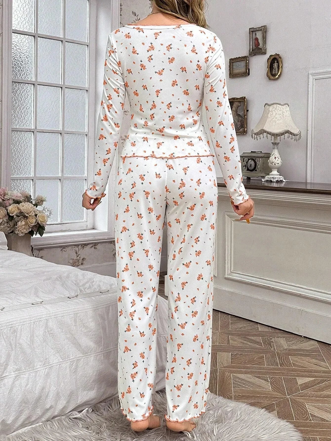 Coquette Ditsy Floral Ribbed Knit Pajama Set - WEUXS