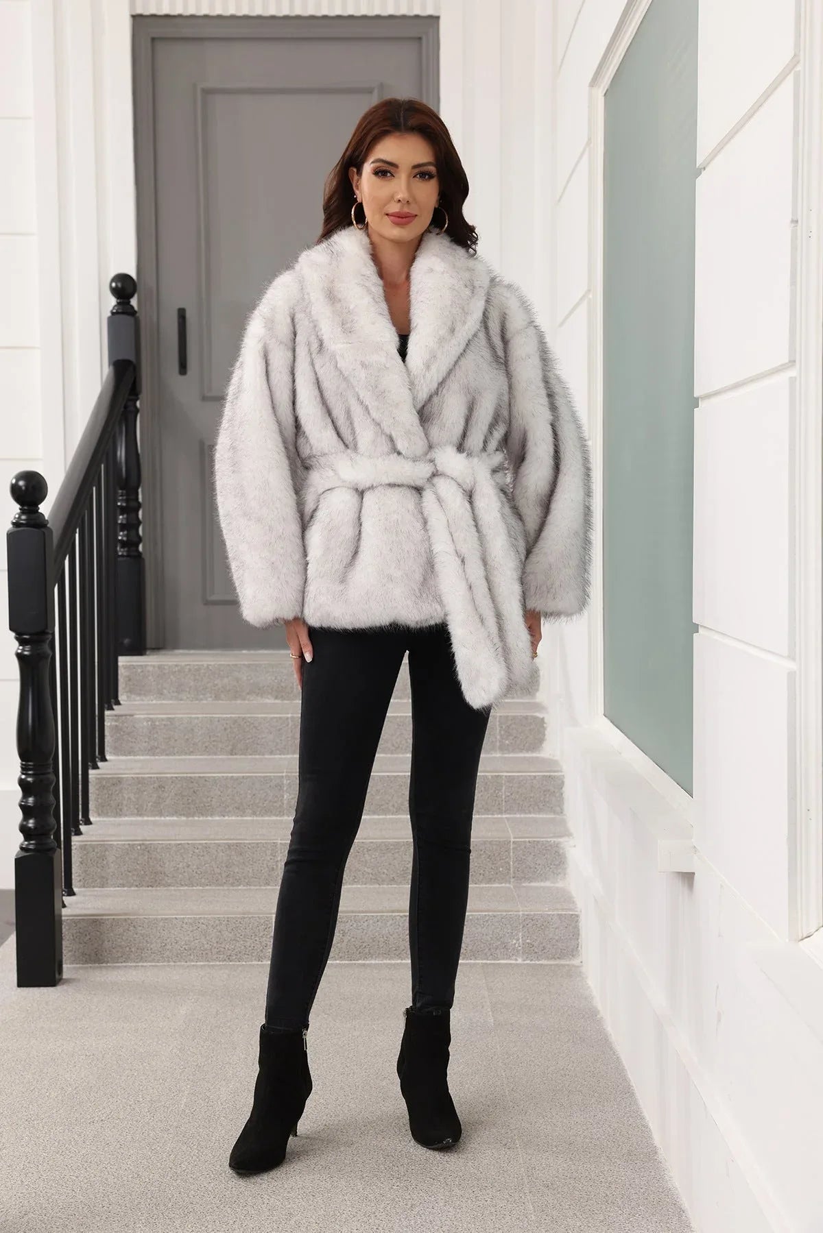 Grey Faux Fur Belted Coat - View 8 | WEUXS