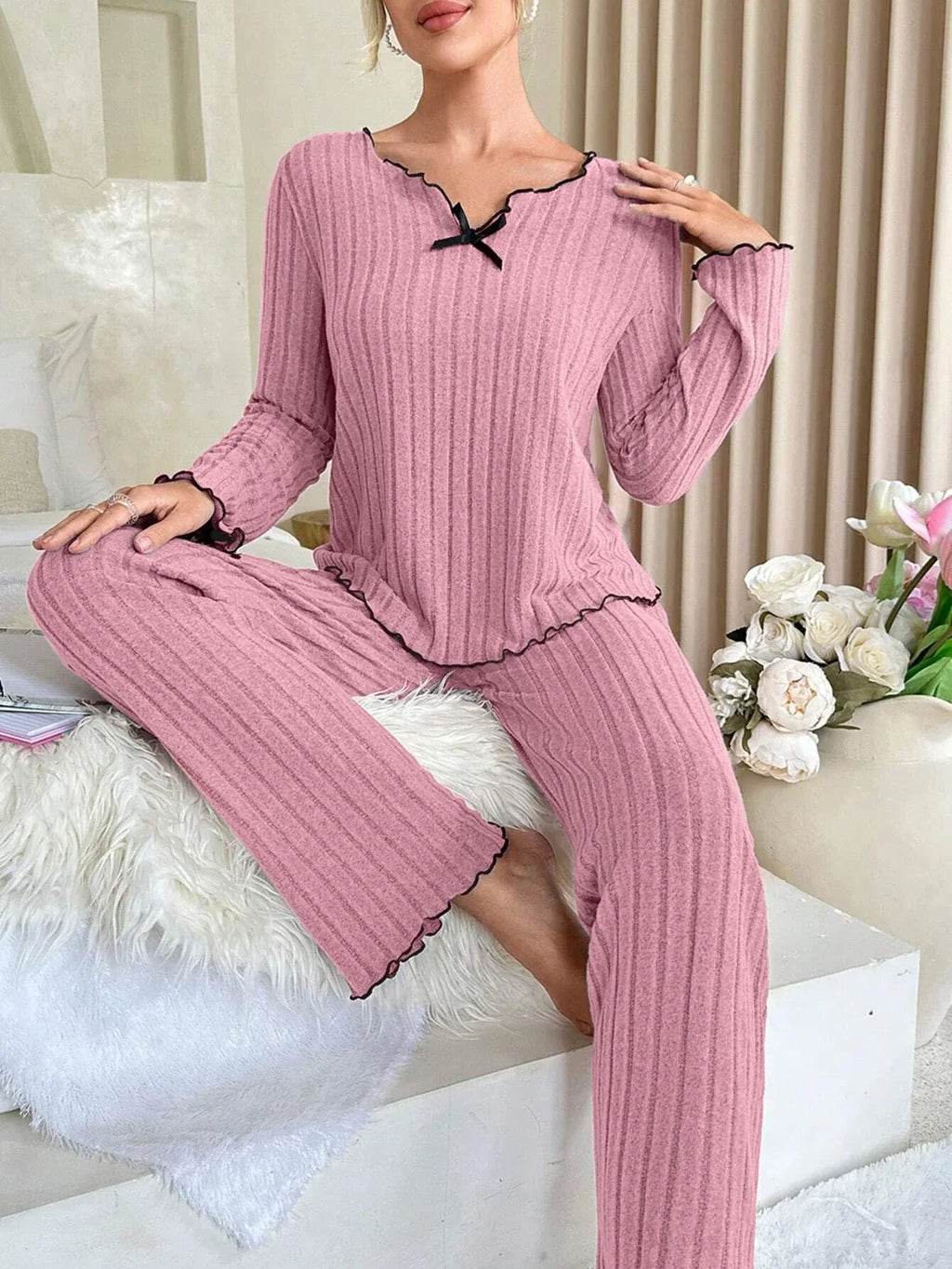 Ribbed Pajama Set with Contrast Trim and Bow - View 25 | WEUXS