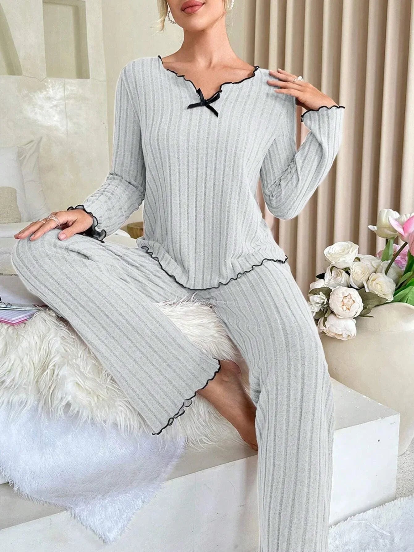 Ribbed Pajama Set with Contrast Trim and Bow - View 15 | WEUXS