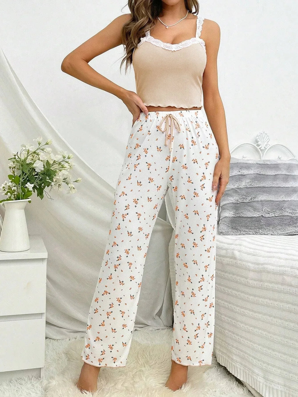 Pink Ribbed Cami & Floral Pants Pajama Set - WEUXS