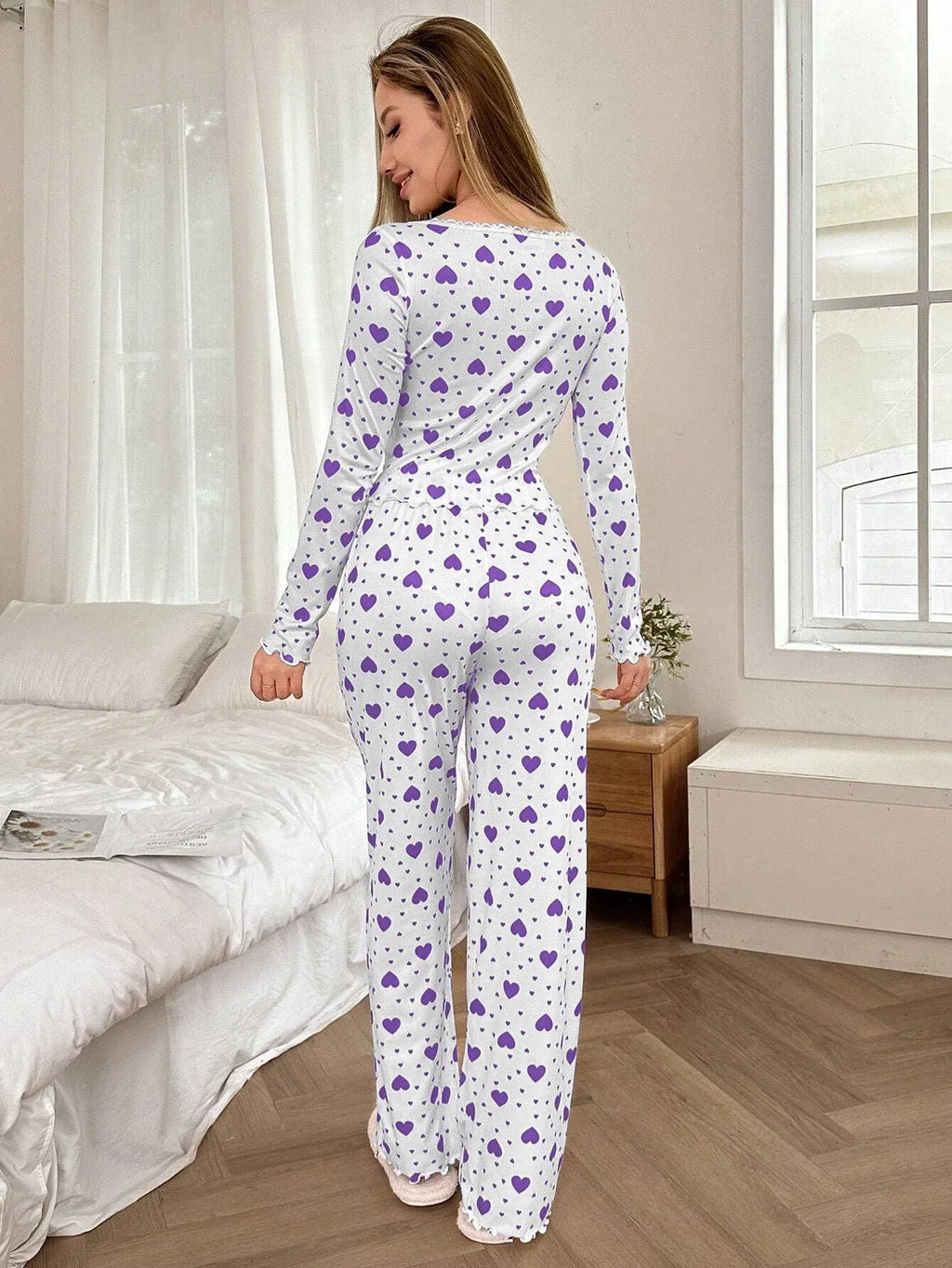 Ribbed Heart Print Pajama Set - View 34 | WEUXS