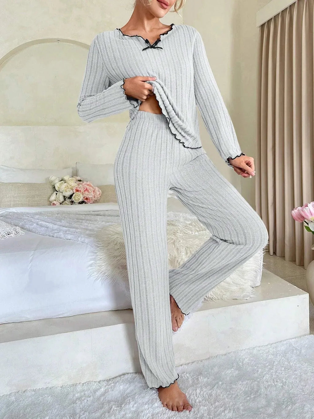 Ribbed Pajama Set with Contrast Trim and Bow - View 17 | WEUXS