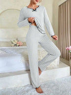 Ribbed Pajama Set with Contrast Trim and Bow - View 17 | WEUXS
