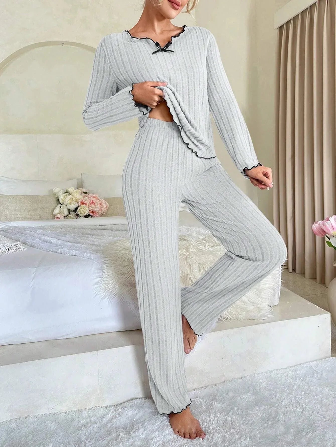 Ribbed Pajama Set with Contrast Trim and Bow - View 17 | WEUXS