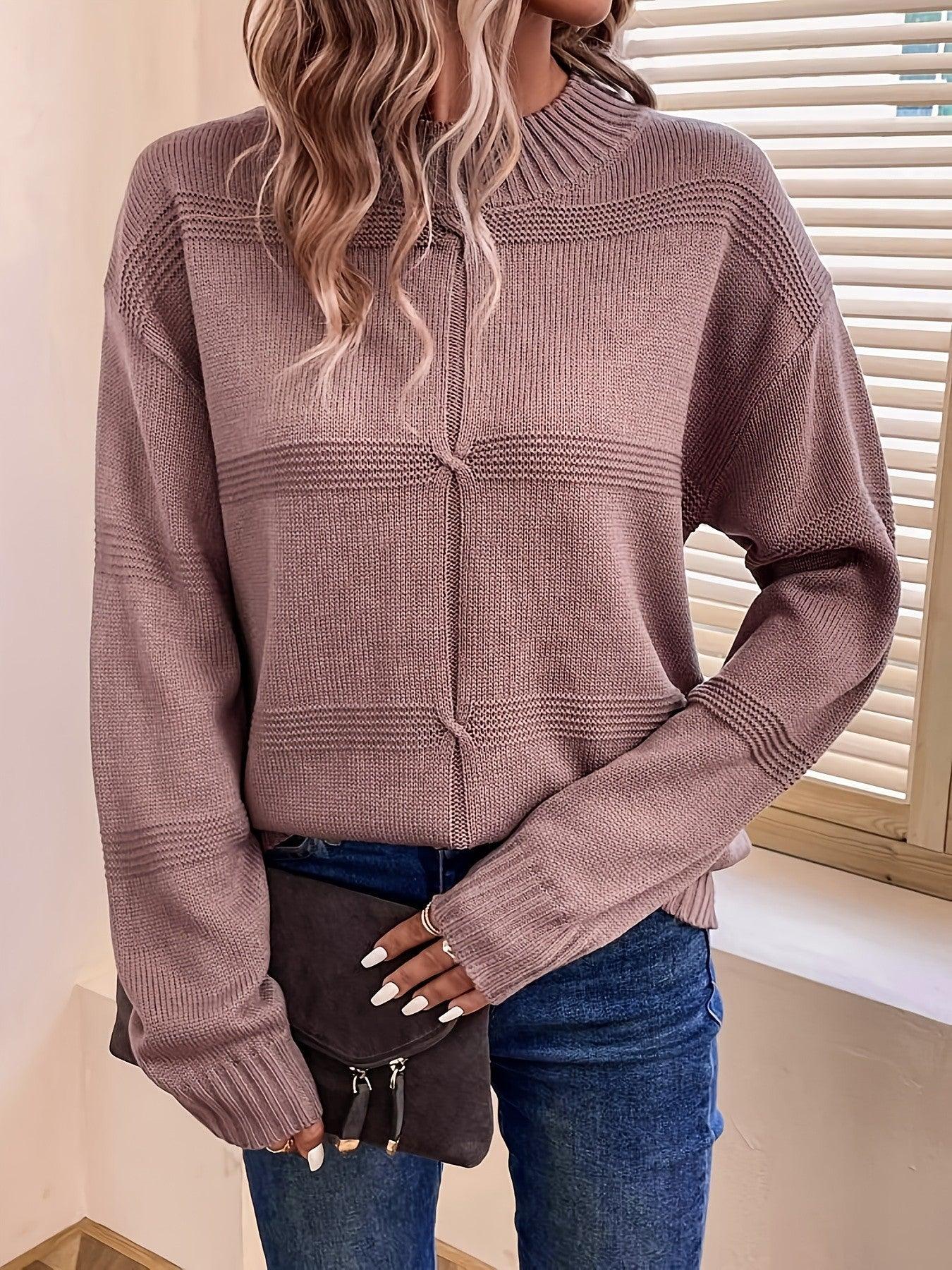Dusty Rose Textured Mock Neck Knit Sweater - WEUXS