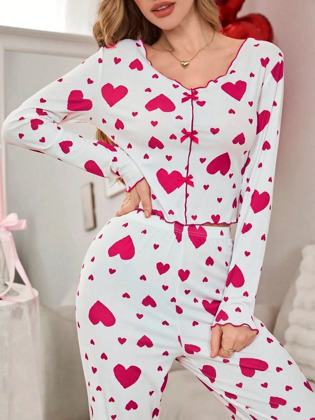 Ribbed heart print pajama set - View 10 | WEUXS