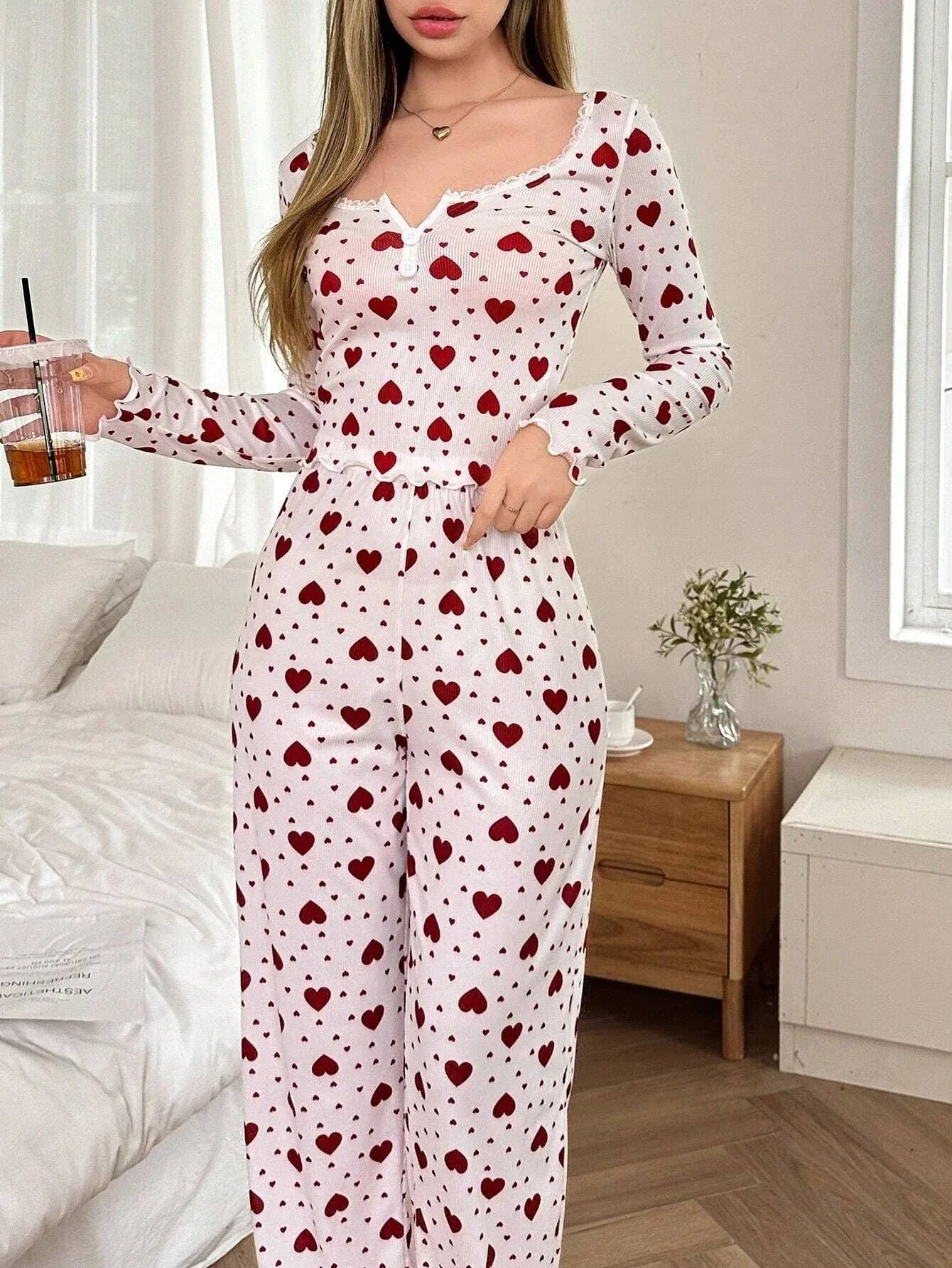 Ribbed Heart Print Pajama Set - View 19 | WEUXS