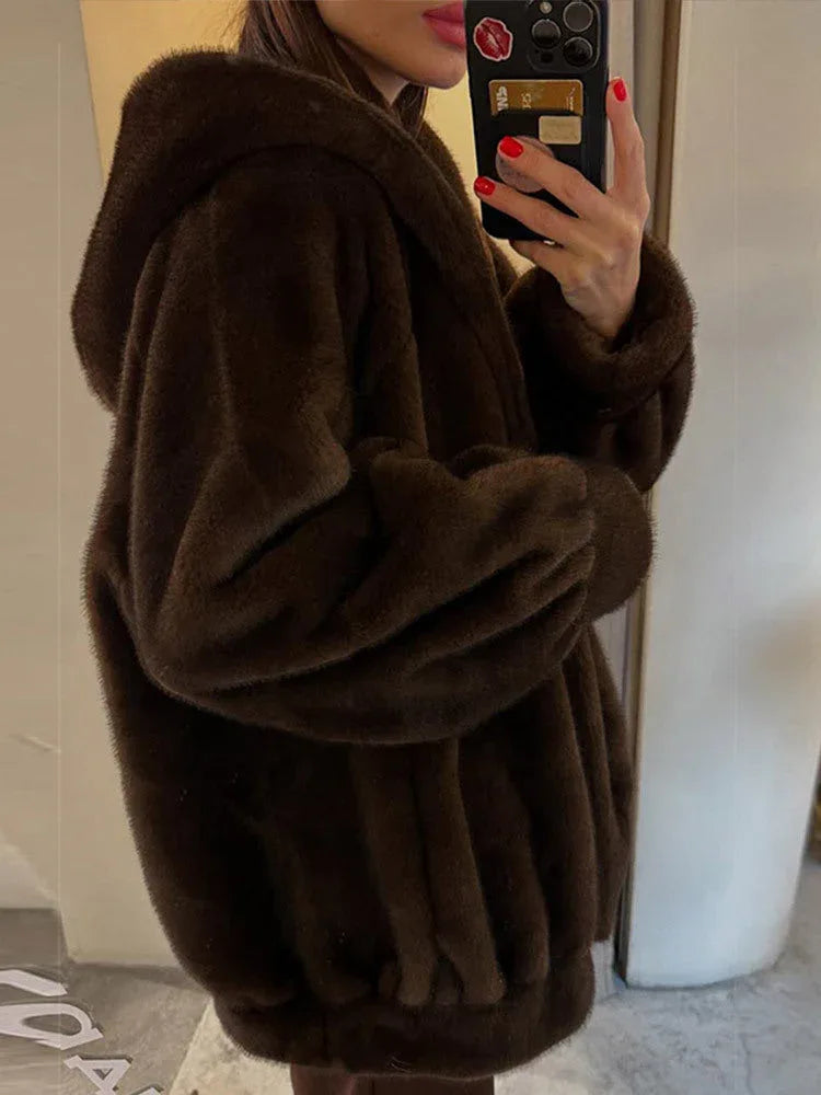 Luxe Chocolate Brown Hooded Faux Fur Jacket - WEUXS