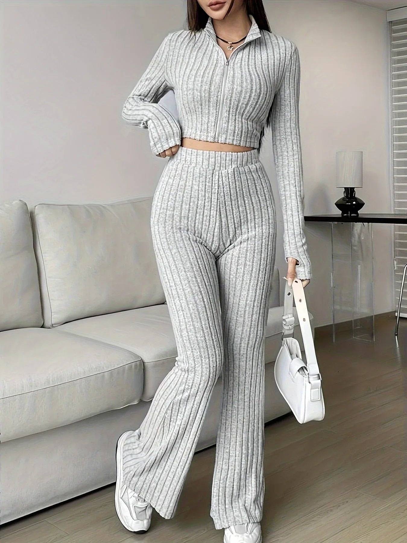 Vintage Moss Ribbed Knit Two-Piece Set - View 7 | WEUXS
