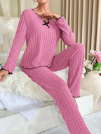 Ribbed Pajama Set with Contrast Trim and Bow - View 23 | WEUXS