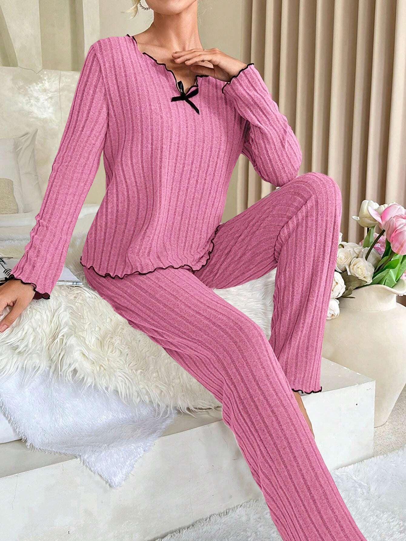 Ribbed Pajama Set with Contrast Trim and Bow - View 23 | WEUXS