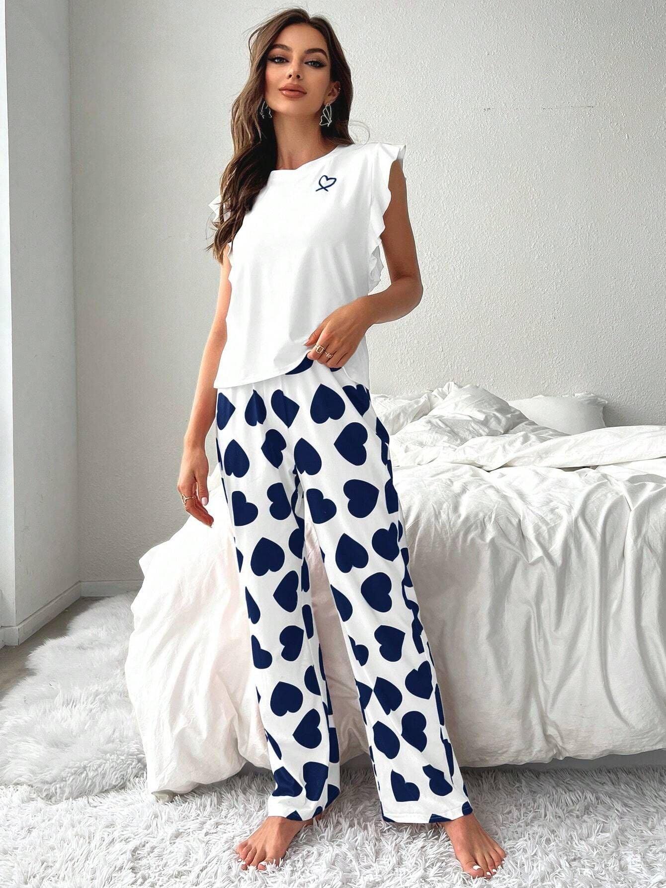 Heart Print Pajama Set with Ruffle Sleeves - View 28 | WEUXS