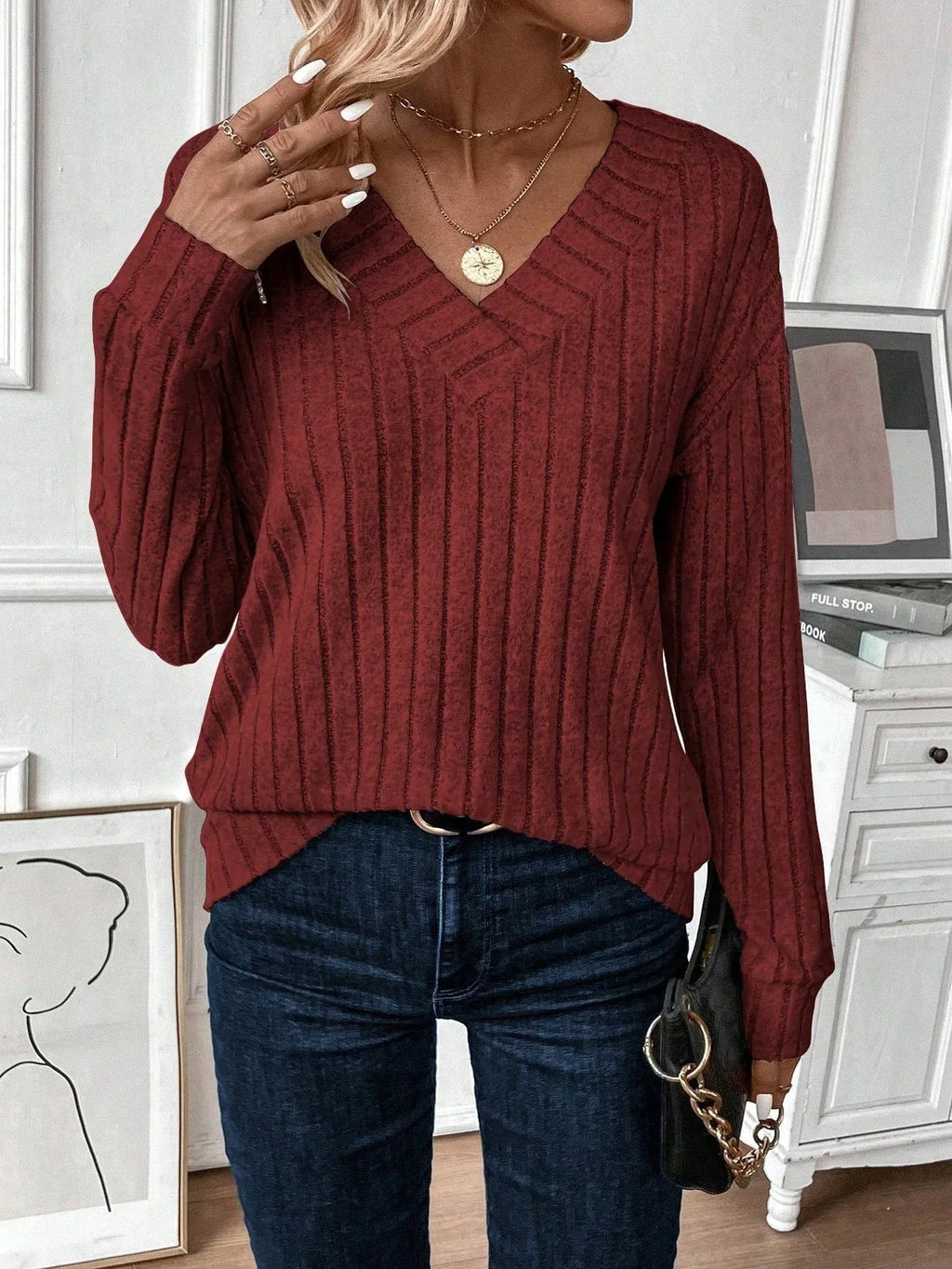 Wide ribbed knit V-neck top - View 9 | WEUXS