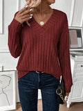 Wide ribbed knit V-neck top - View 9 | WEUXS