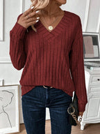Wide ribbed knit V-neck top - View 9 | WEUXS