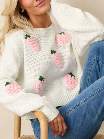 Sweet 3D Strawberry Applique Sweater - WEUXS