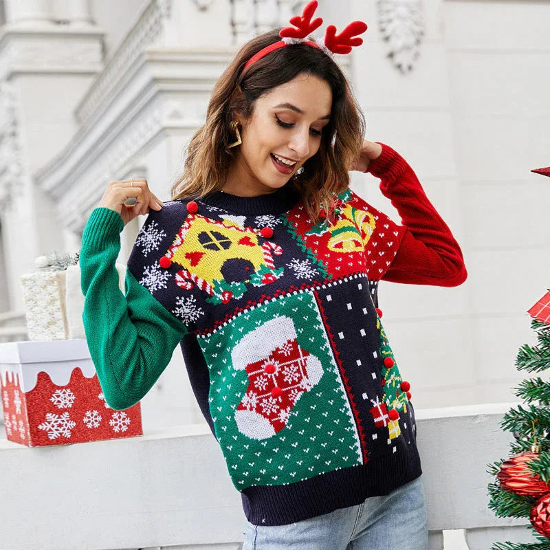 Model smiling while showcasing the mismatched red and green sleeves of a holiday knit sweater.
