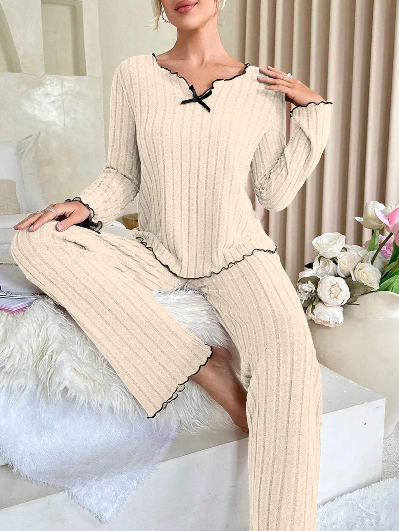Ribbed Pajama Set Contrast Trim Bow Secondary image