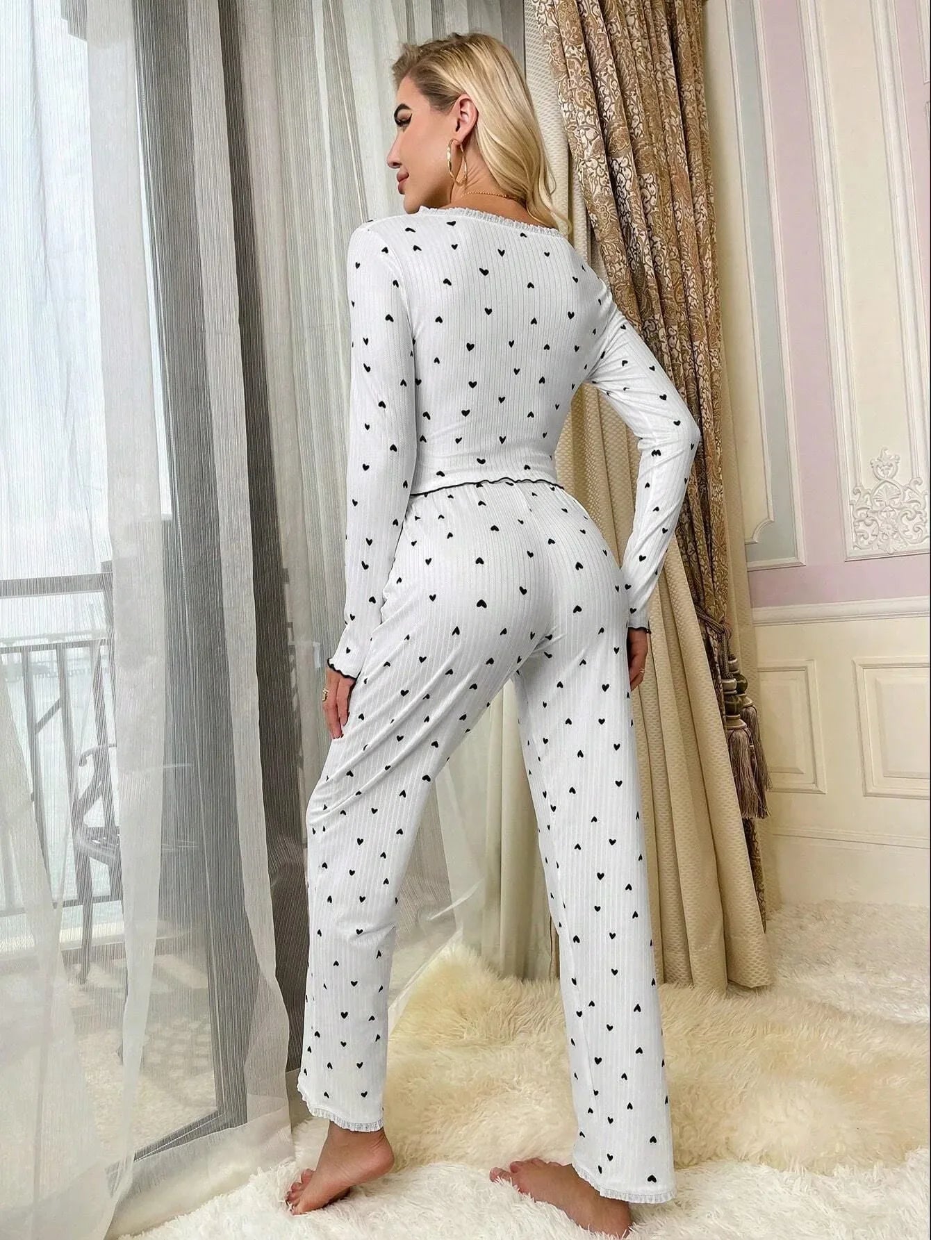 Ribbed pajama set with heart print and bows - View 9 | WEUXS