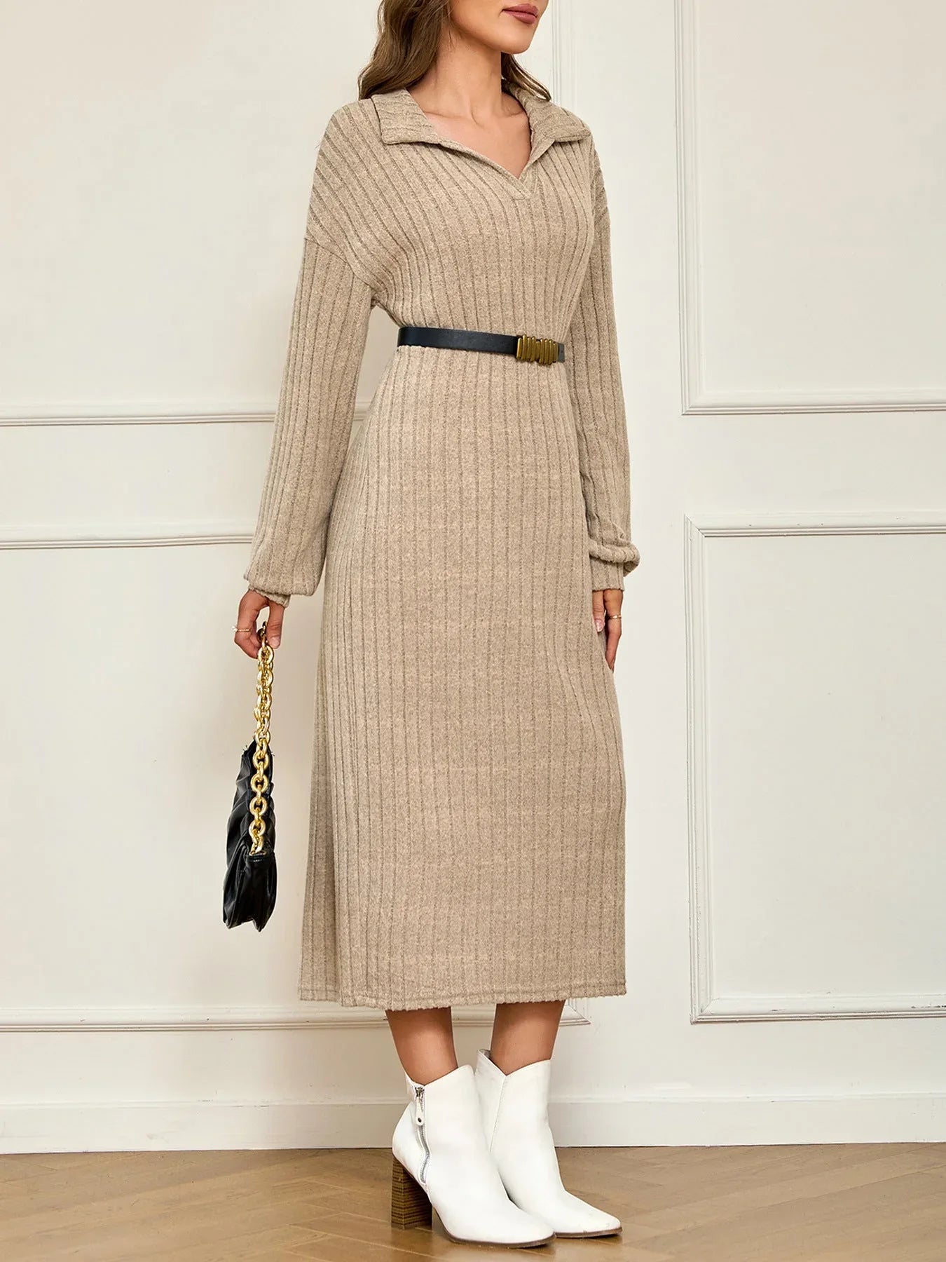 Close-up of the ribbed knit texture on a maxi dress