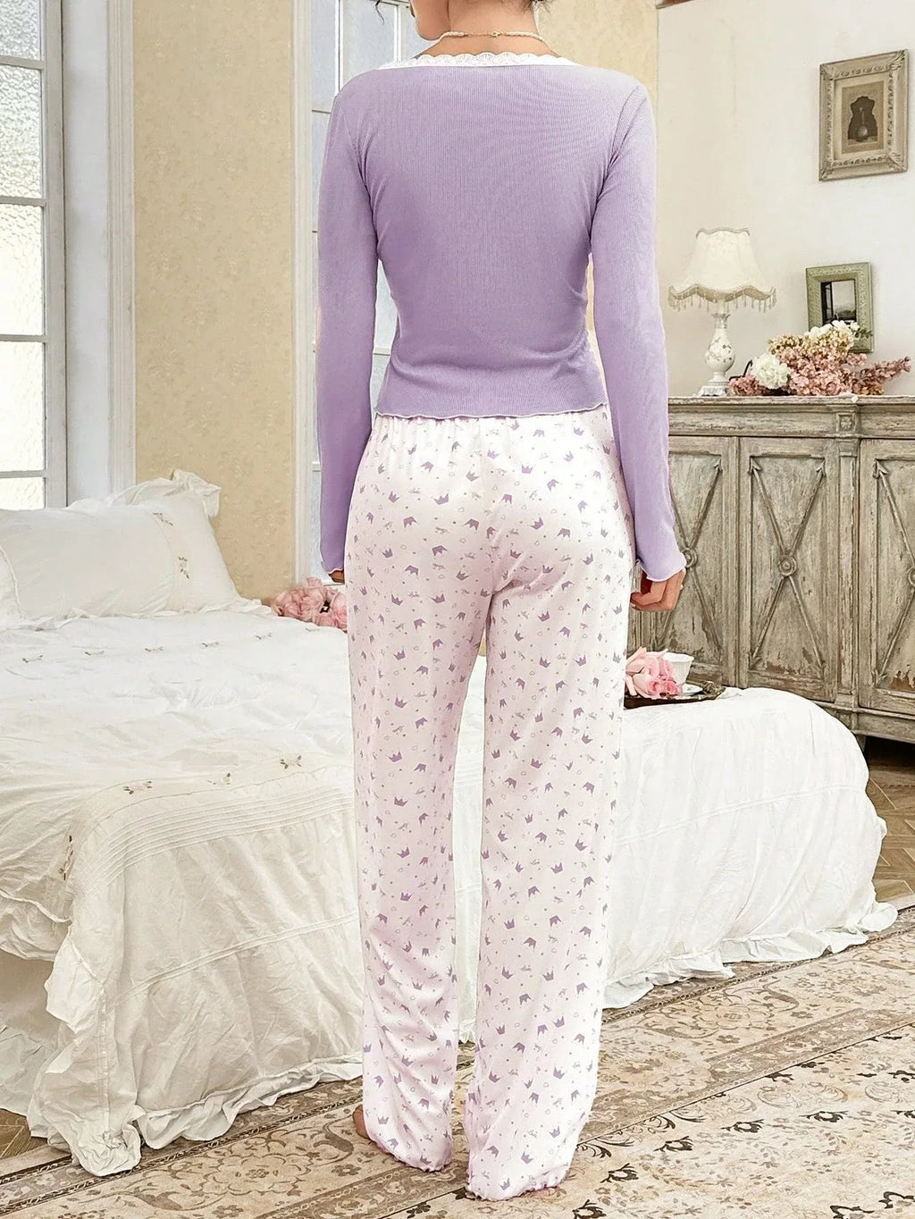 Ribbed Henley Pajama Set with Crown Print - View 31 | WEUXS