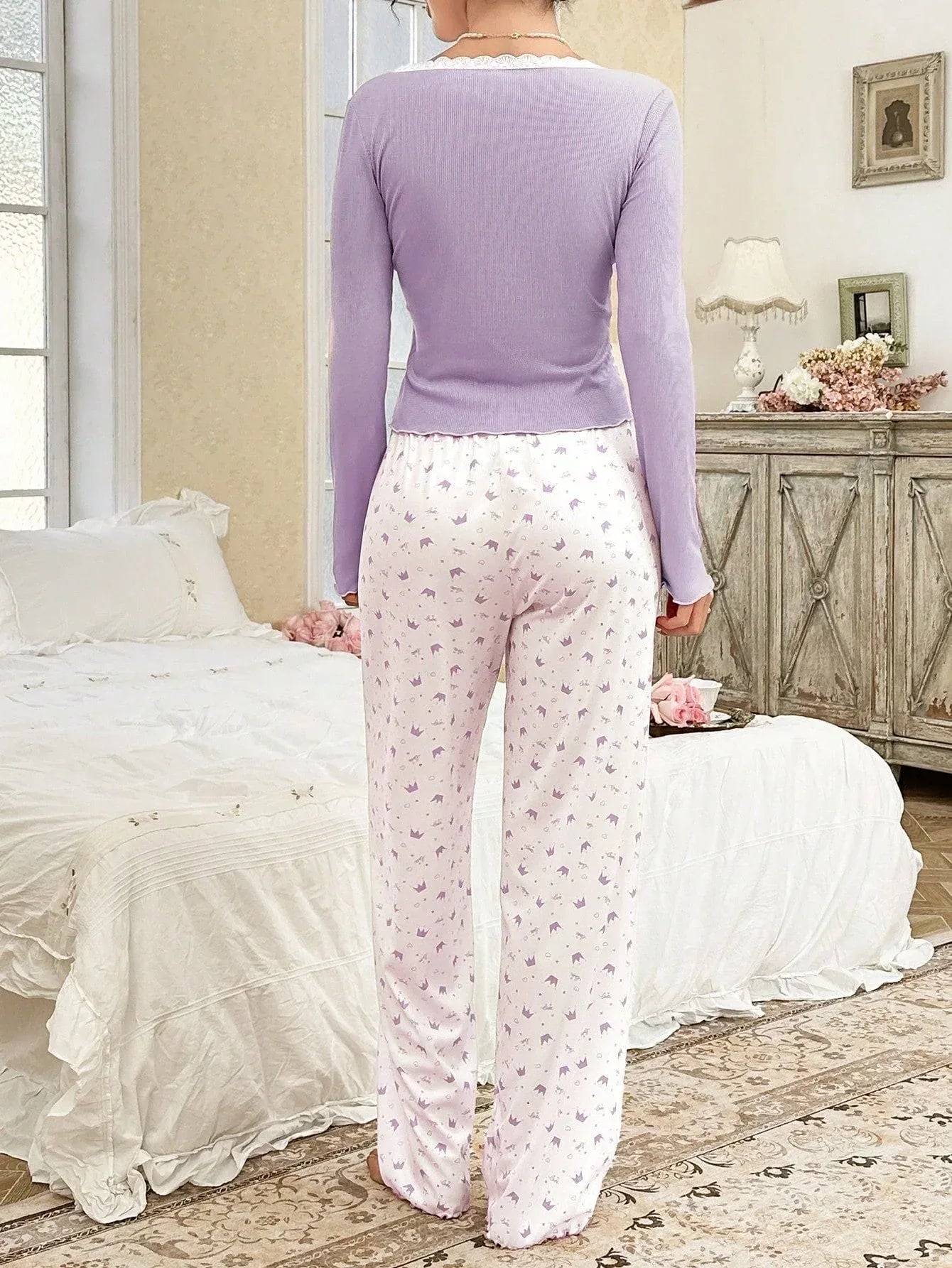 Ribbed Henley Pajama Set with Crown Print - View 31 | WEUXS