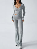 V-Neck Knit Crop Top and Flare Pants Set - View 31 | WEUXS