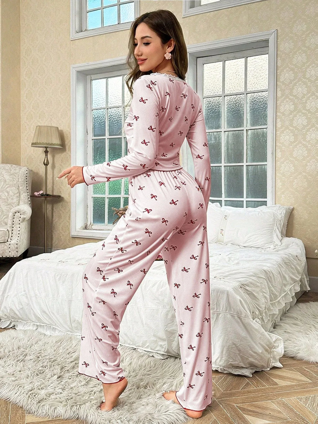 Ribbed Pajama Set with Bow Print - View 8 | WEUXS