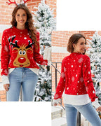 Front and back view of a woman wearing a red Christmas sweater with a reindeer design.