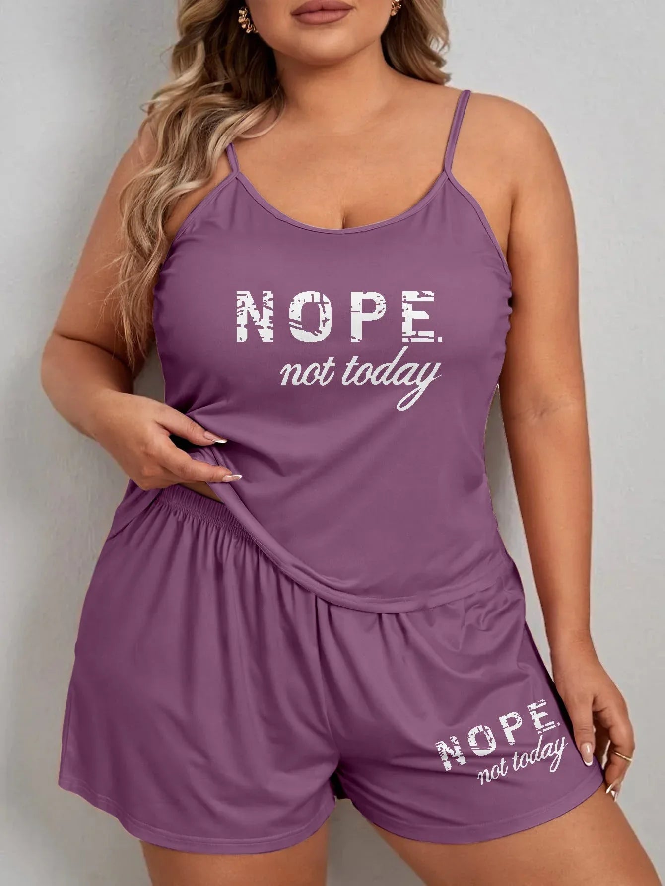 Plus Size "Nope Not Today" Graphic Cami & Shorts Pajama Set - WEUXS