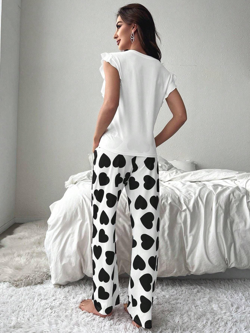 Heart Print Pajama Set with Ruffle Sleeves - View 8 | WEUXS