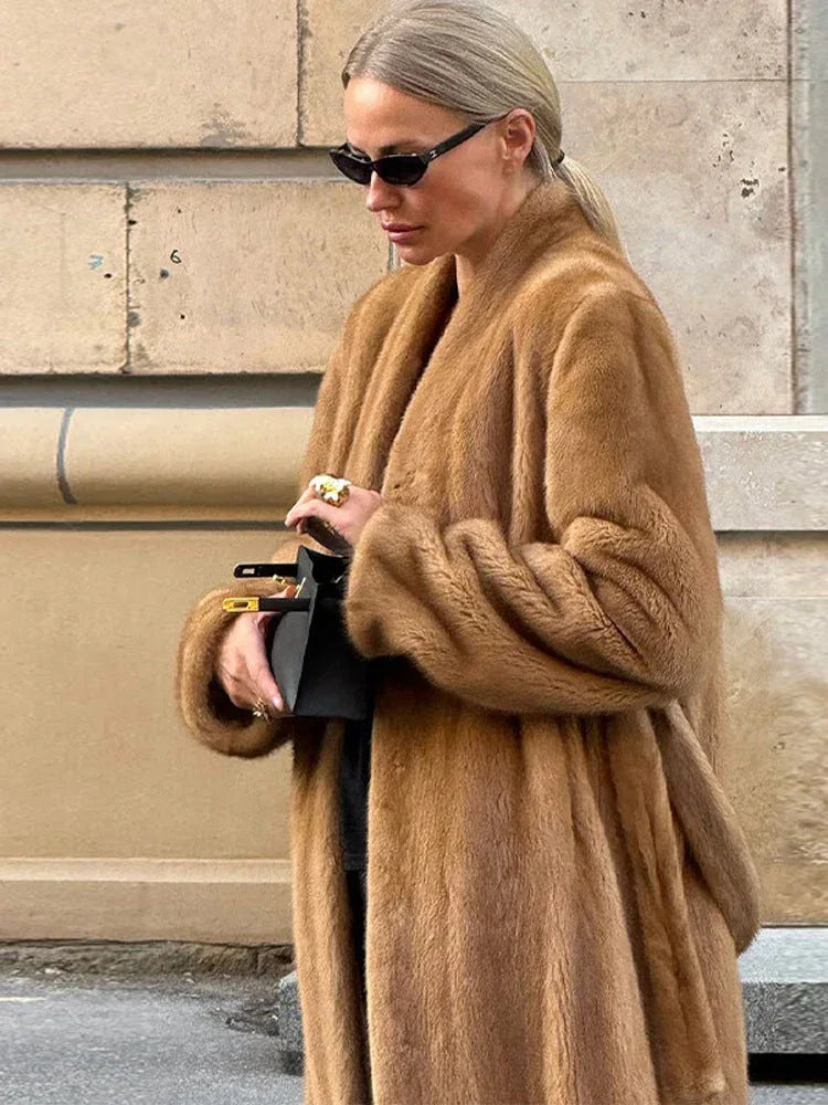 Opulent Caramel Faux Mink Maxi Coat - WEUXS