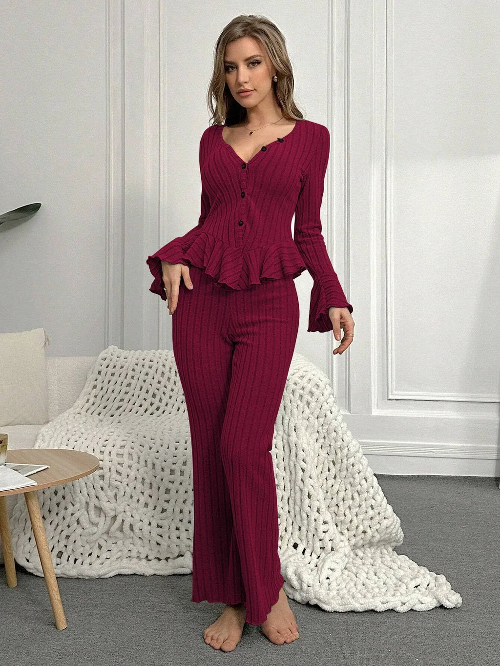Ribbed Peplum Knit Lounge Set - View 12 | WEUXS