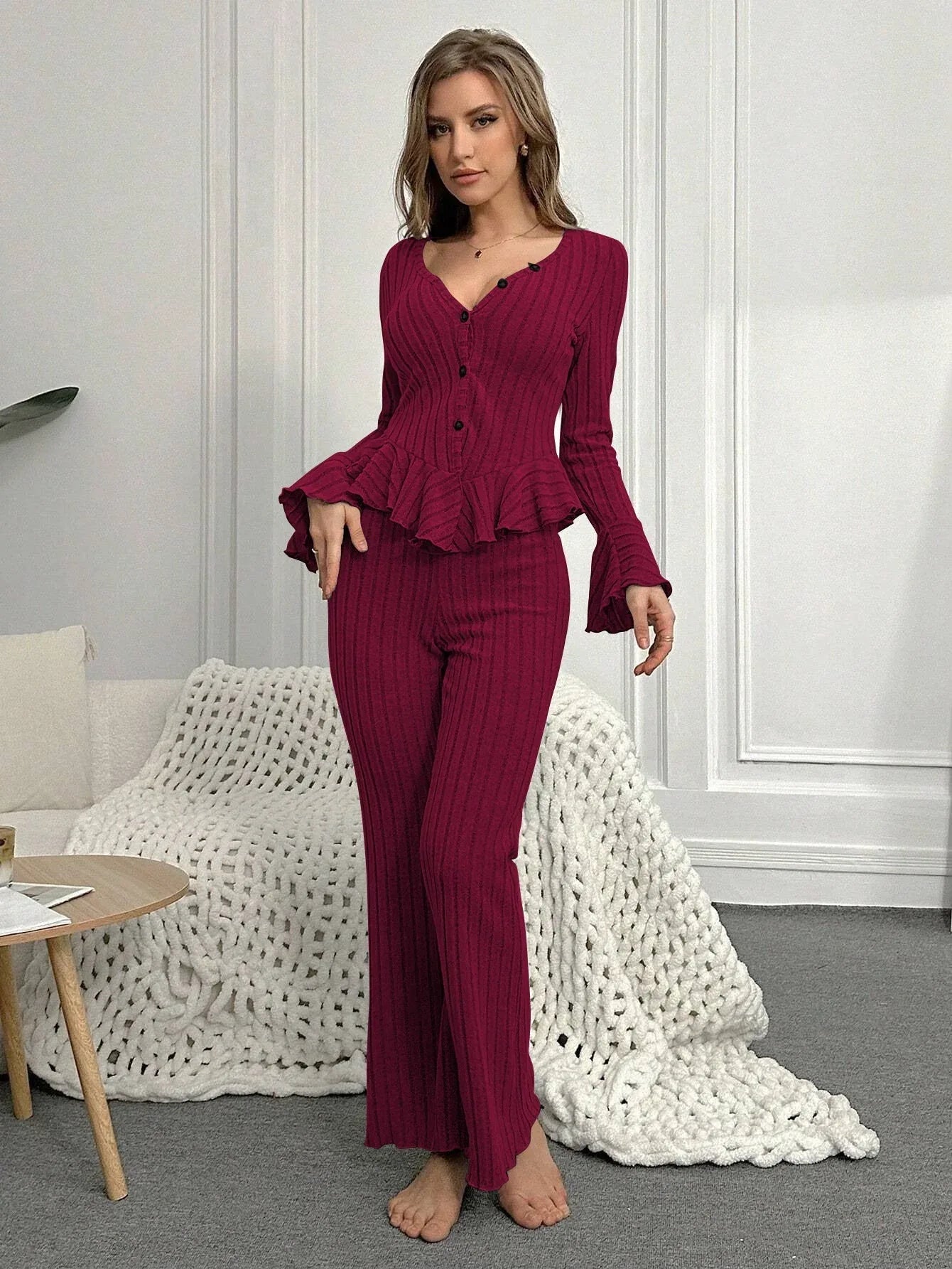 Ribbed Peplum Knit Lounge Set - View 12 | WEUXS