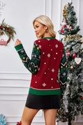 Back view of woman wearing patterned Christmas sweater