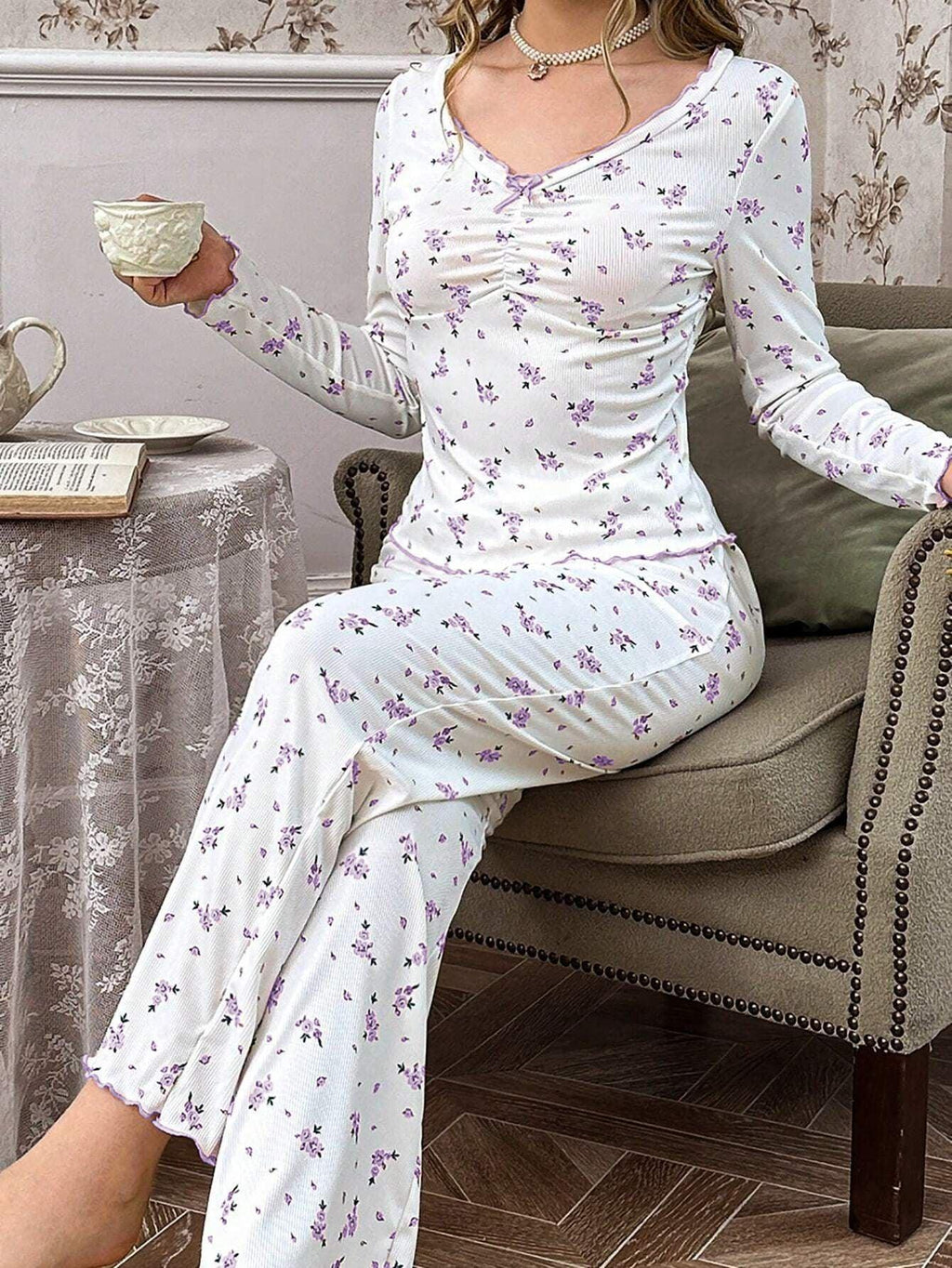 Coquette Ditsy Floral Ribbed Knit Pajama Set - WEUXS