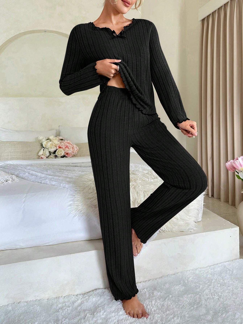 Ribbed Pajama Set with Contrast Trim and Bow - View 12 | WEUXS