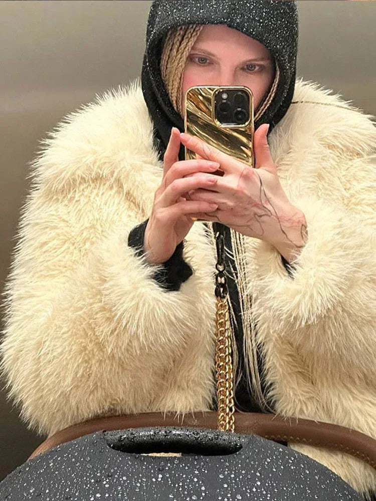 Light yellow cropped faux fur jacket with wide notch lapel - View 7 | WEUXS