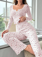 Ribbed floral pajama set with henley neckline and wide-leg pants - View 10 | WEUXS