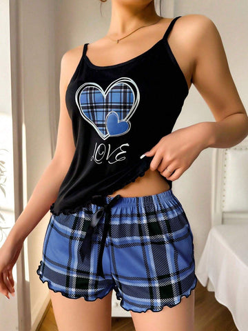 Plaid Heart Print Cami & Shorts Set