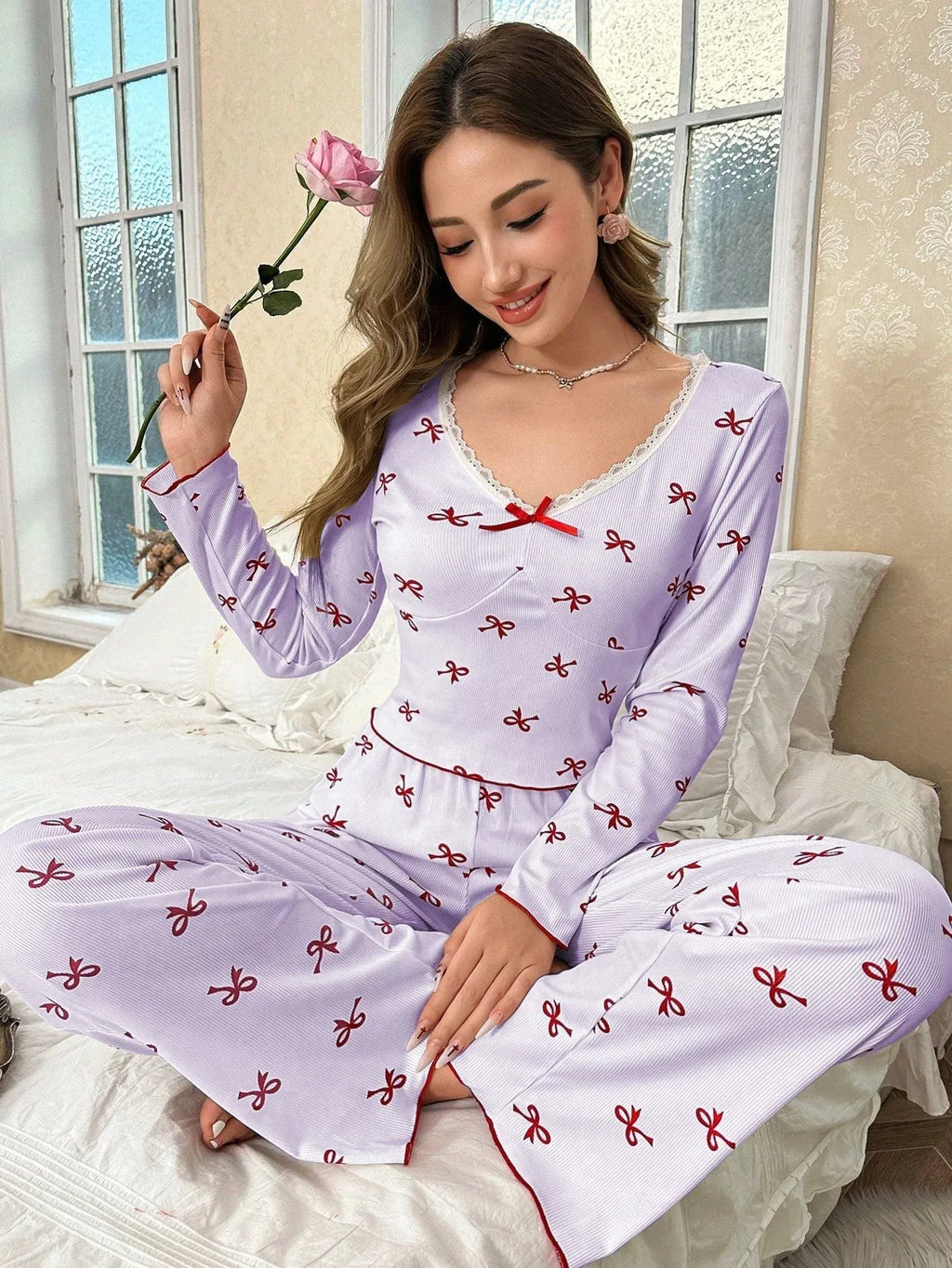 Ribbed Pajama Set with Bow Print - View 22 | WEUXS