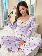 Ribbed Pajama Set with Bow Print - View 22 | WEUXS