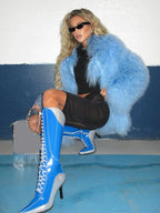 Icy Blue Mongolian Style Shaggy Faux Fur Jacket - WEUXS