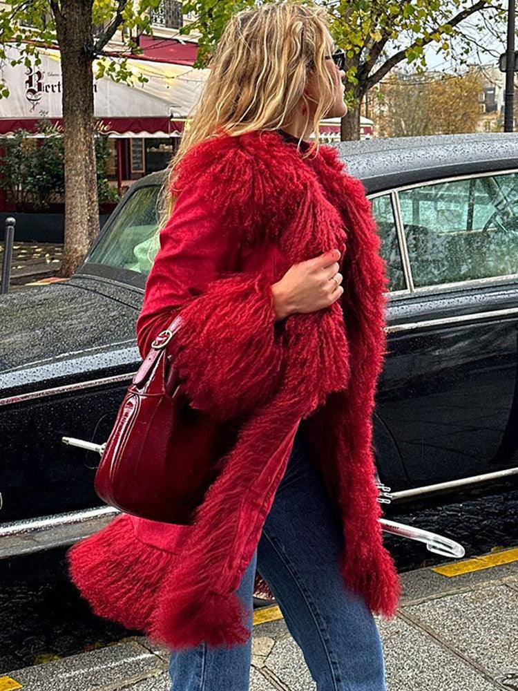 Crimson faux suede coat with faux fur trim - View 7 | WEUXS