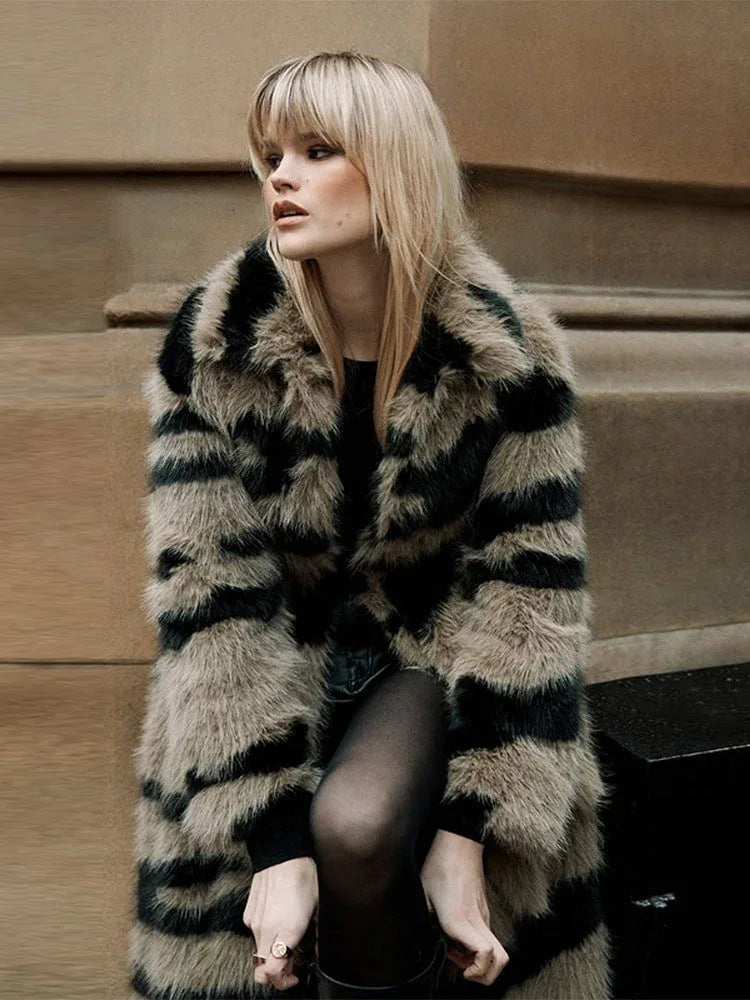 Vintage Zebra Stripe Faux Fur Long Coat - View 11 | WEUXS