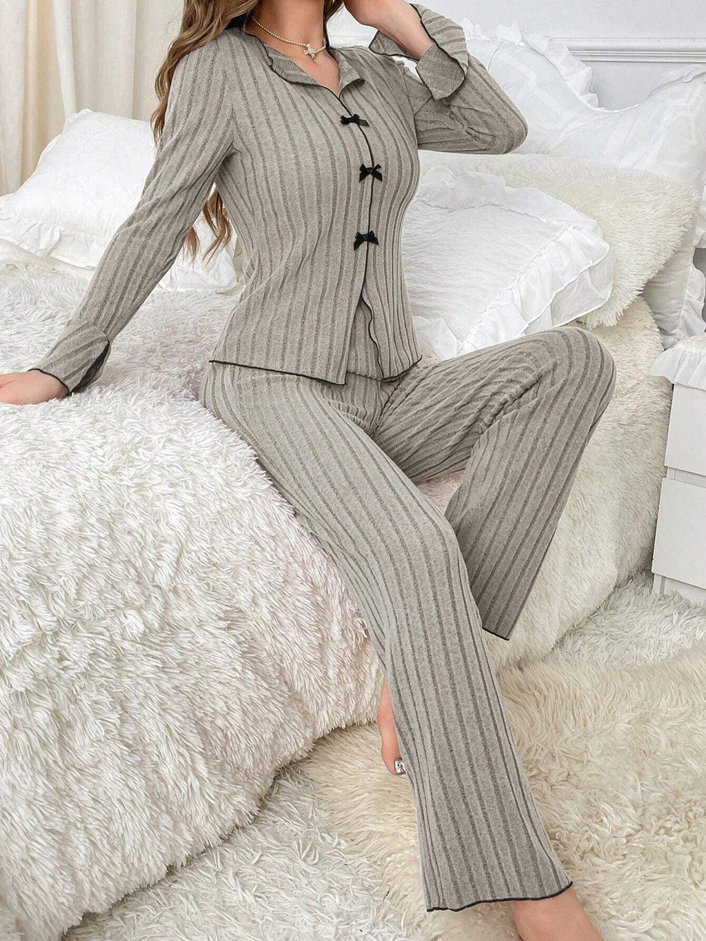 Ribbed pajama set with bow details - View 18 | WEUXS