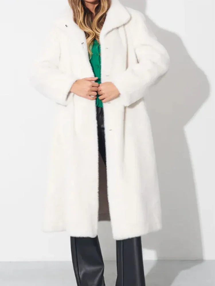 Minimalist White Sheared Faux Fur Long Coat - WEUXS