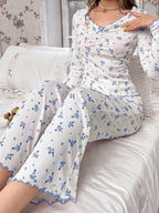 Coquette Ditsy Floral Ribbed Knit Pajama Set - WEUXS