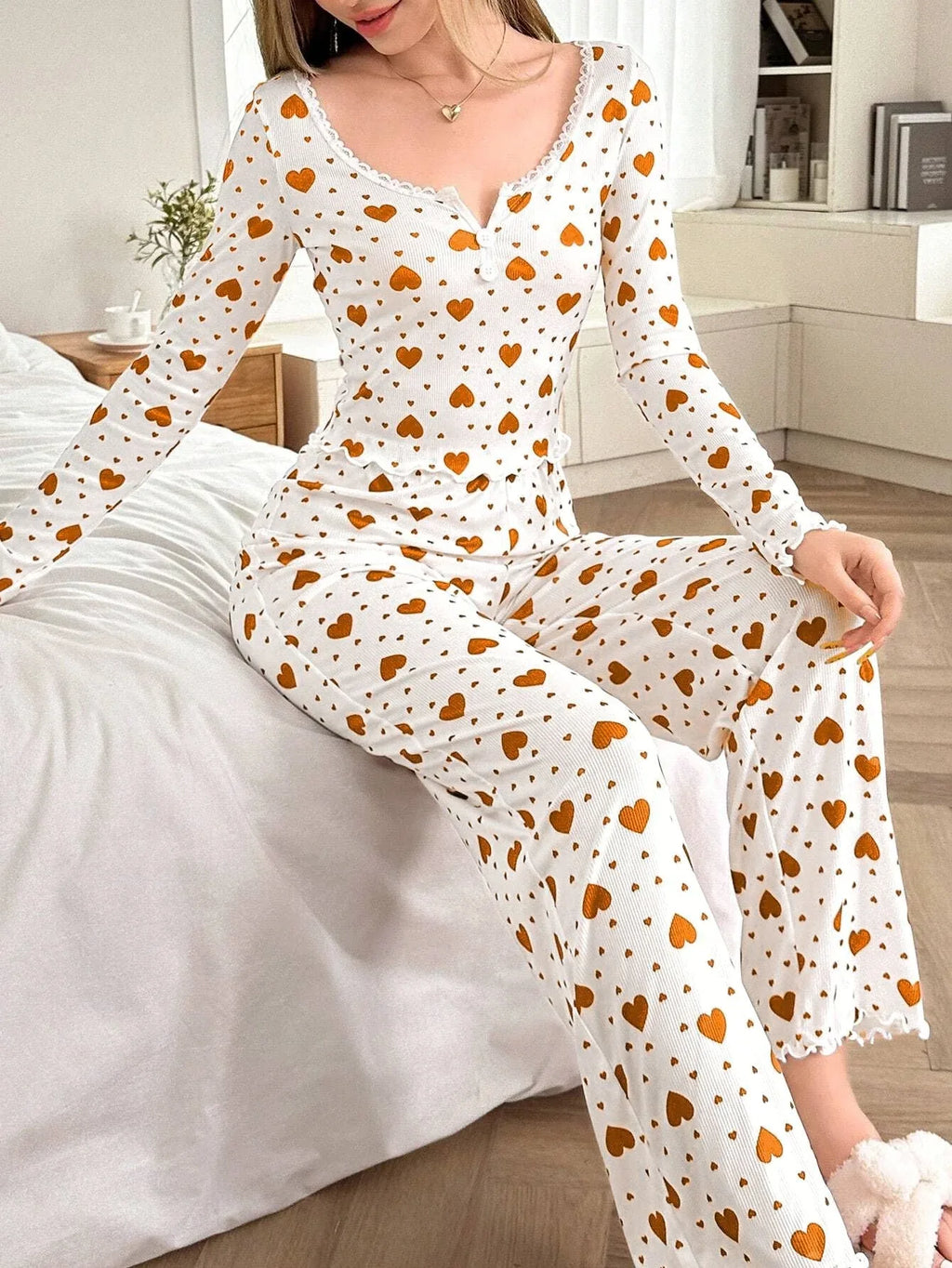 Ribbed Heart Print Pajama Set - View 10 | WEUXS
